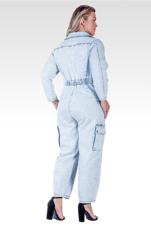Portia Women's Long  Plus Size Sleeves Denim Cargo Jumpsuit