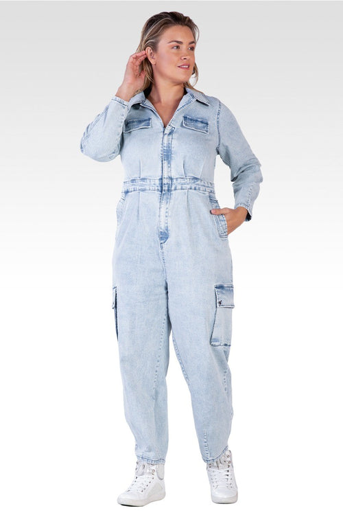 Portia Women's Long  Plus Size Sleeves Denim Cargo Jumpsuit