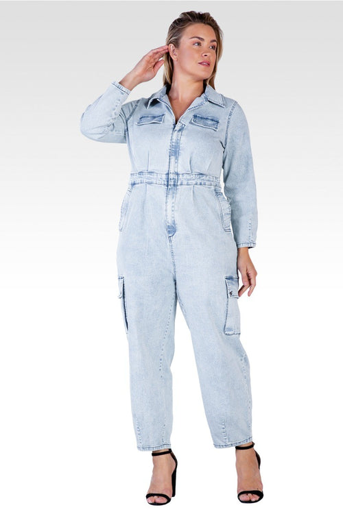 Portia Women's Long  Plus Size Sleeves Denim Cargo Jumpsuit