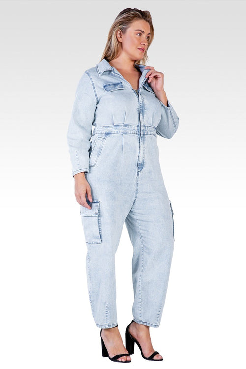 Portia Women's Long  Plus Size Sleeves Denim Cargo Jumpsuit