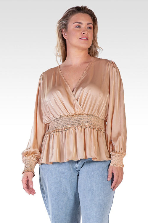 Stephanie Women's Plus Size Satin V-Neck Long Sleeves Blouse