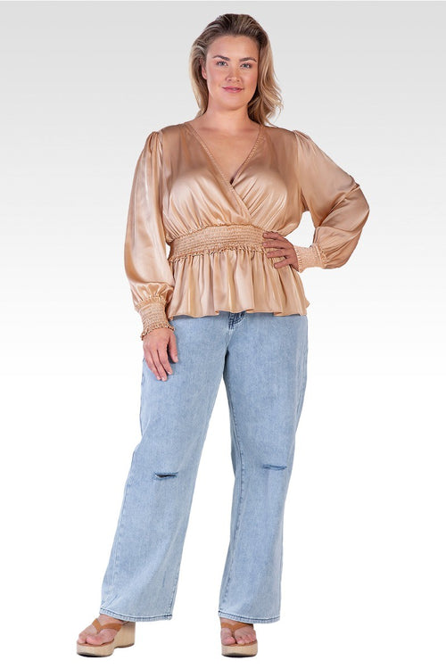 Stephanie Women's Plus Size Satin V-Neck Long Sleeves Blouse