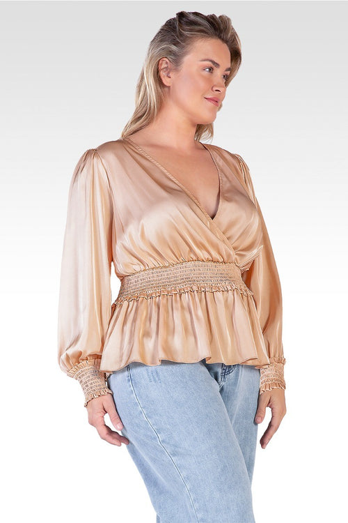 Stephanie Women's Plus Size Satin V-Neck Long Sleeves Blouse