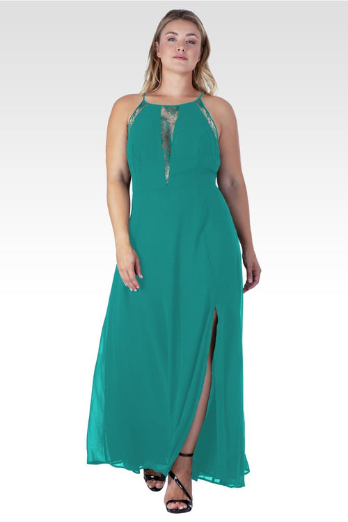 Amara Women's Plus Size Green Lace Detailed Sleeveless Maxi Dress