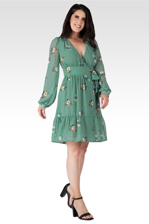 Preslee Women's Sage Green Floral Print Wrap Mini Dress