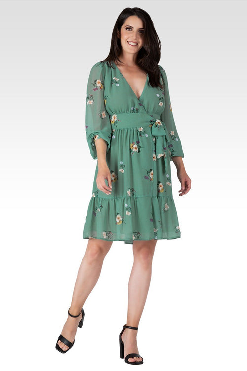 Preslee Women's Sage Green Floral Print Wrap Mini Dress