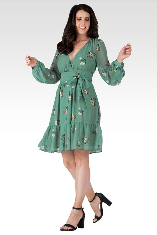 Preslee Women's Sage Green Floral Print Wrap Mini Dress