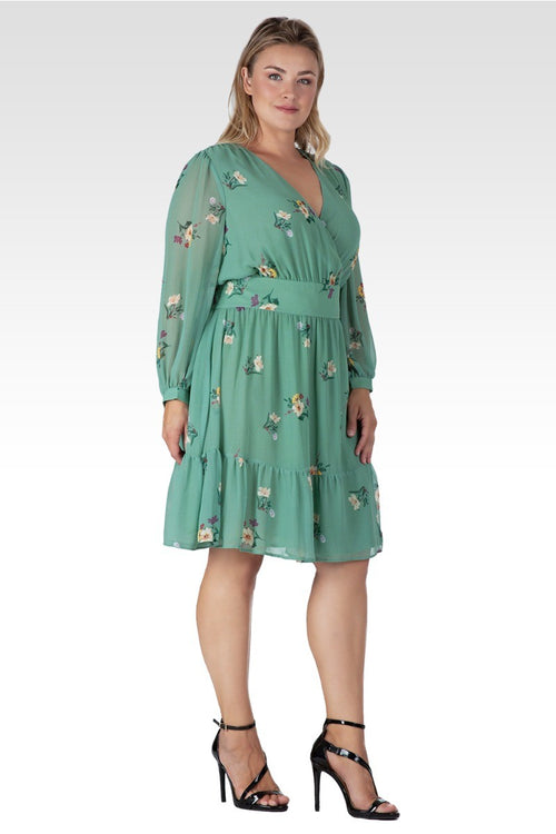 Preslee Women's Plus Size Sage Green Floral Print Wrap Mini Dress