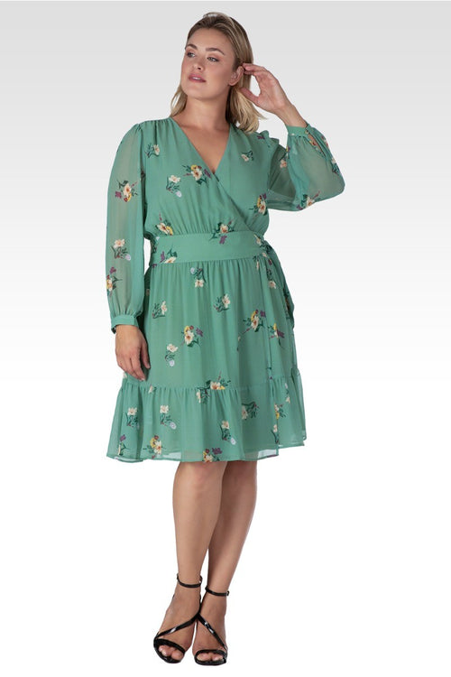Preslee Women's Plus Size Sage Green Floral Print Wrap Mini Dress