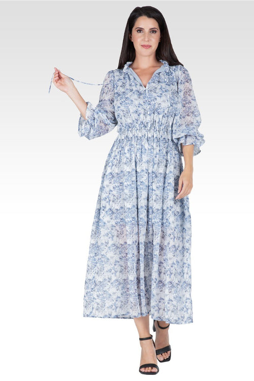 Revia Women's Floral Print Long Ruffle Sleeve Maxi Dress