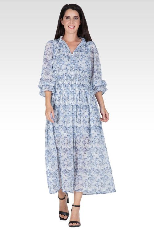 Revia Women's Floral Print Long Ruffle Sleeve Maxi Dress