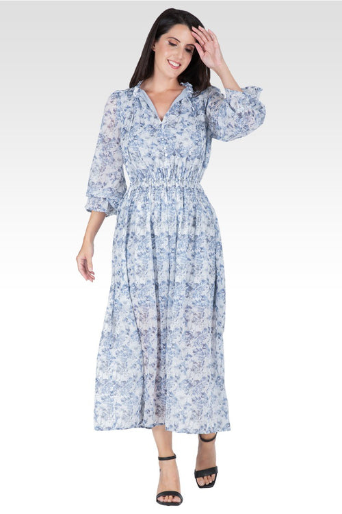 Revia Women's Floral Print Long Ruffle Sleeve Maxi Dress