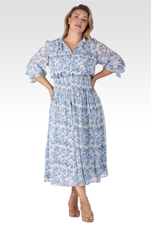 Revia Women's Plus Size Floral Print Long Ruffle Sleeve Maxi Dress