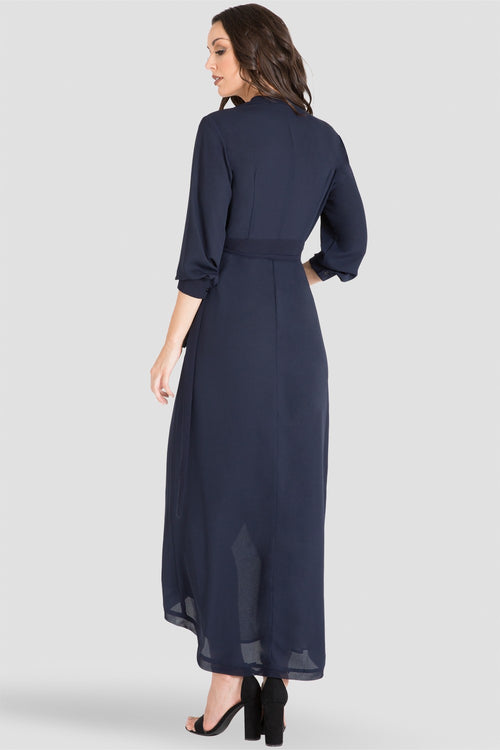 Midnight / Navy Blue V-Neck Tulip Asymmetrical Wrap Dress