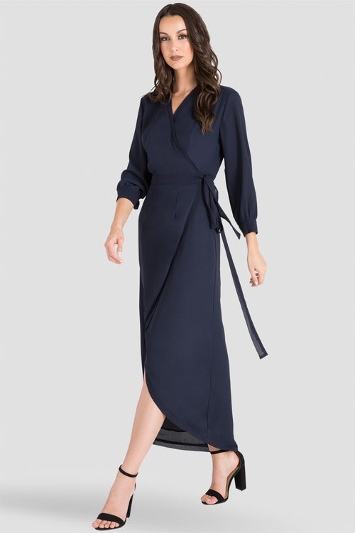 Women's Midnight Blue Tulip High Low Chiffon Wrap Dress Front