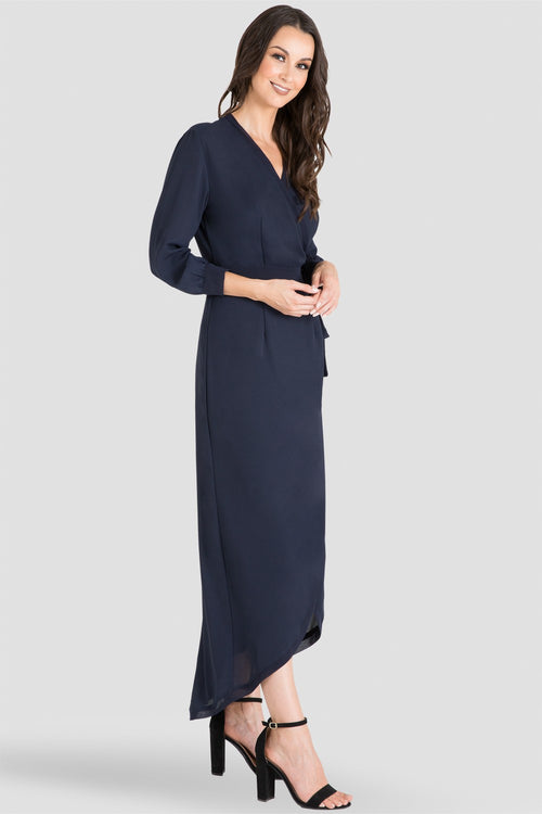 Women's Midnight Blue V-Neck Kimono Wrap High-Low Dress