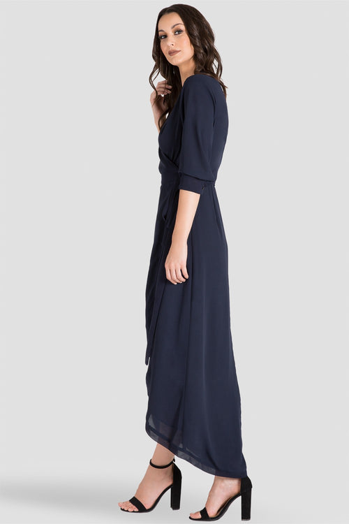 Elle Midnight Blue Tulip High Low Chiffon Wrap Dress Side