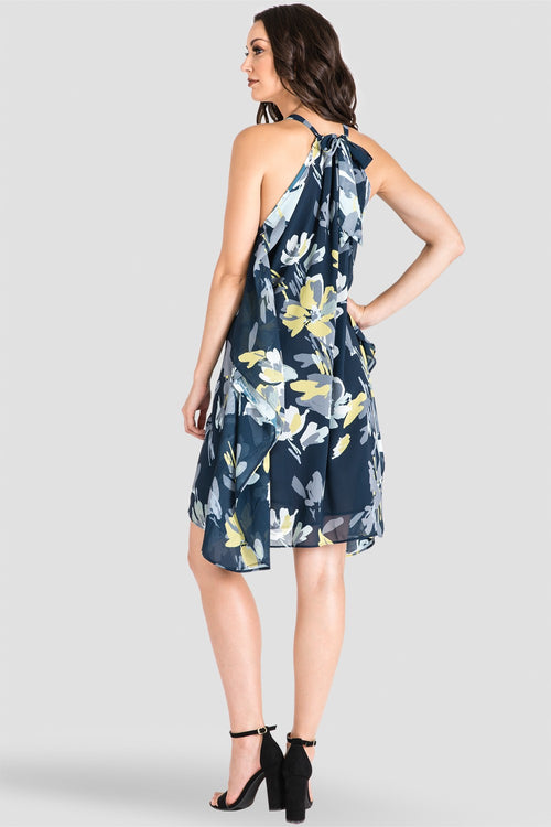 Women's Navy Floral Print Halter Neckline Dress