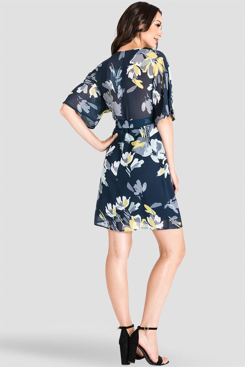 Women's Navy Floral Chiffon Knee Length Kimono Wrap Dress