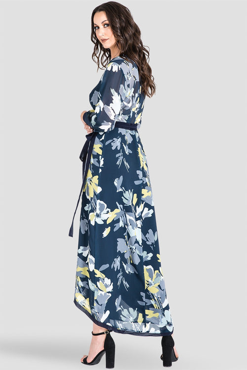 Women's Navy Floral Print Tulip High Low Chiffon Wrap Dress Back