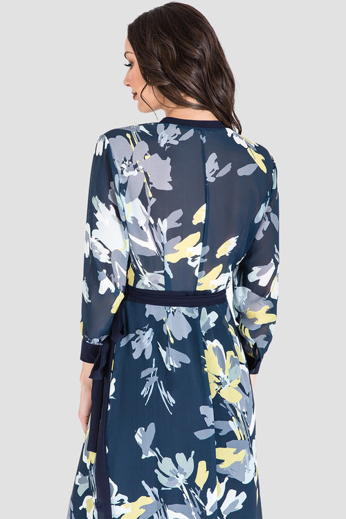 Elle Navy Floral Print Tulip High Low Chiffon Wrap Dress Side