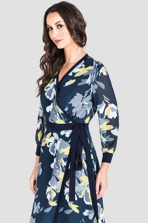 Elle Navy Floral Print Tulip High Low Chiffon Wrap Dress Detail