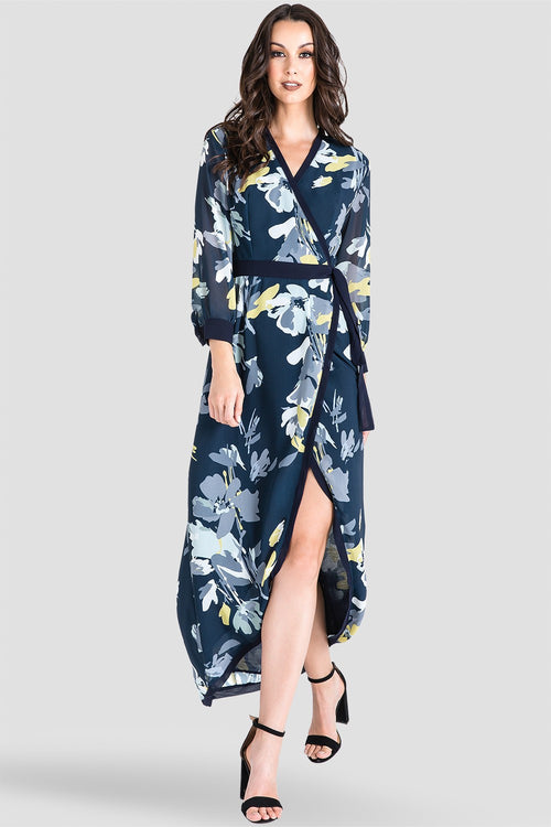 Standards & Practices Navy Floral Print Kimono Wrap High-Low Dress