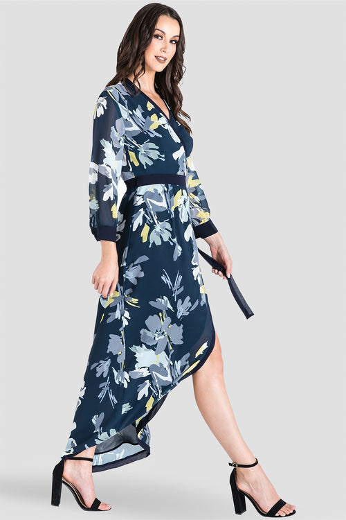 Women's Navy Floral Print V-Neck Kimono Wrap High-Low Dress