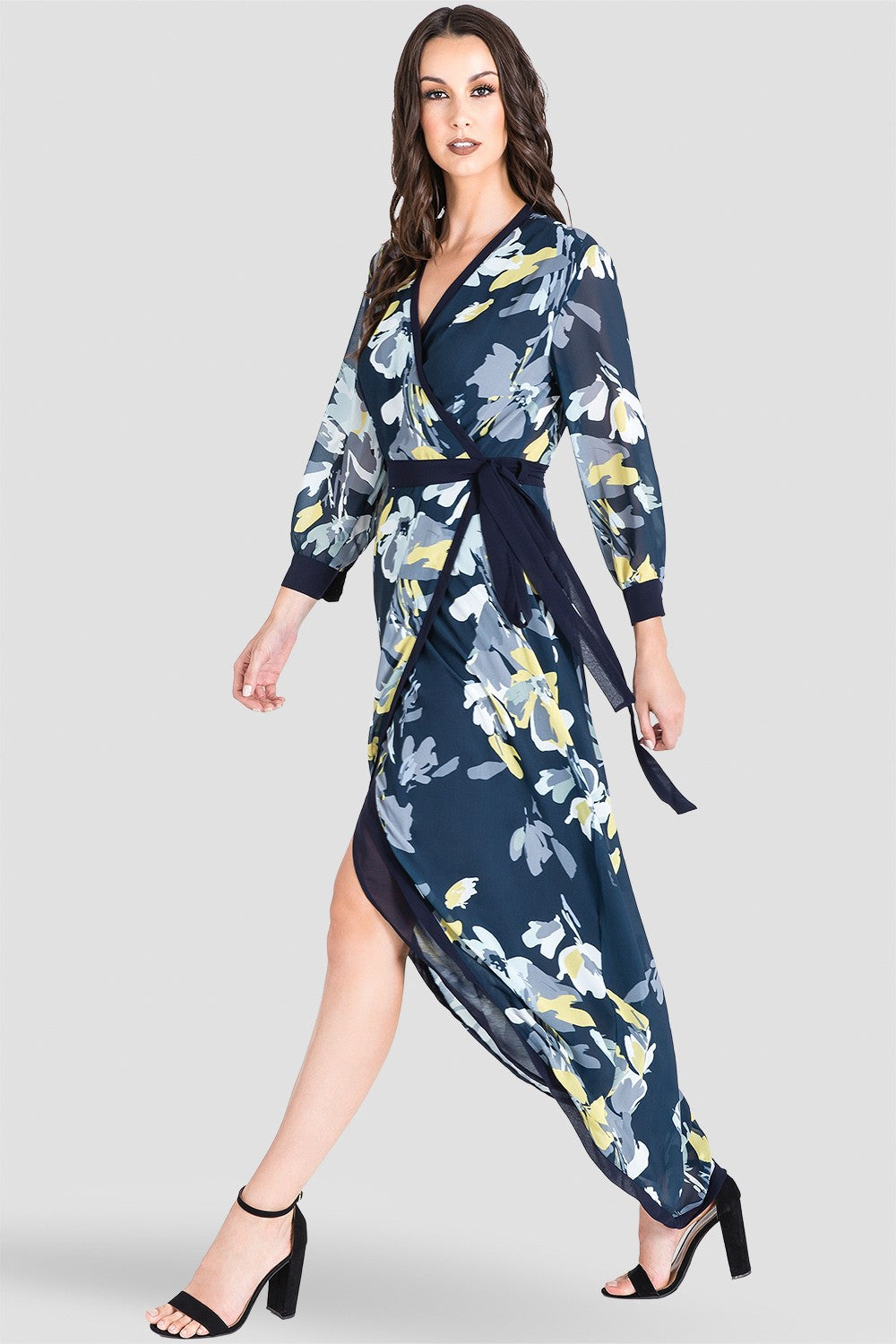 Standards & Practices Women's Navy Floral Print V-Neck Wrap High-Low Dress - Elle - M Standards & Practices Women's Navy Floral Print V-Neck Wrap High-Low Dress - Elle - M