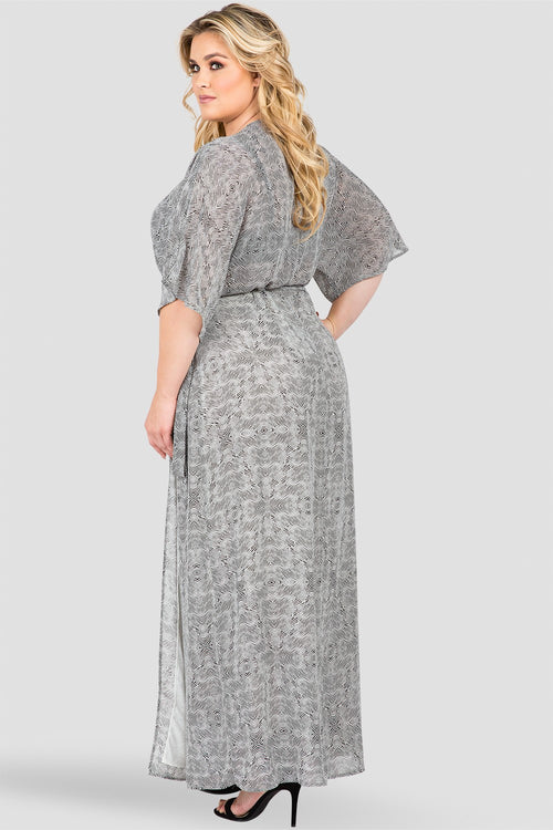 Plus Size Black & White Tribal Print Long Wrap Dress Back
