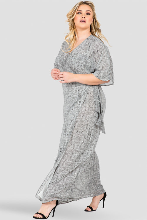 Plus Size Black & White Tribal Print Kimono Wrap Maxi Dress