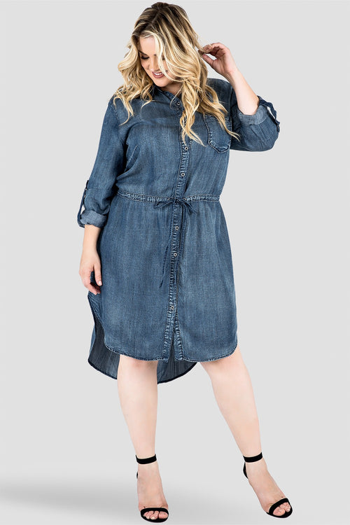 Plus Size Standards & Practices Denim Drawstring Waist Shirtdress