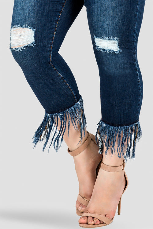 Plus Size Women's Fringe Hem Distressed Indigo Stretch Jeans