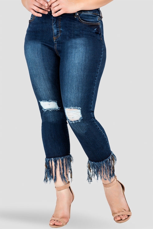 Plus Size Women's Fringe Hem Distressed Indigo Stretch Jeans