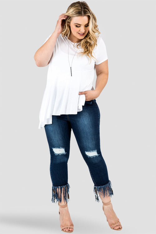 Plus Size Laura Fringe Frayed Hem Distressed Indigo Stretch Jeans Full