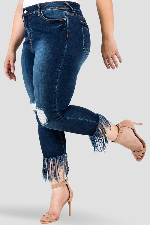 Plus Size Standards & Practices Women's Fringe Frayed Hem Distressed Indigo Stretch Jeans