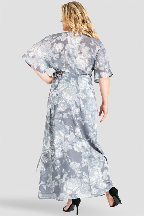 Plus Size Standards & Practices Gray Floral Print Kimono Chiffon Wrap Maxi Dress