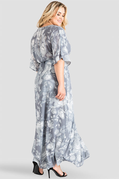 Plus Size Gray Floral Kimono Wrap Maxi Dress