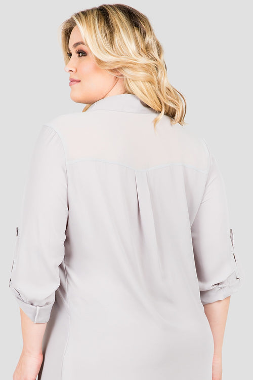 Plus Size Solenn Woven Chiffon Light Gray Print Button Up Shirt Dress