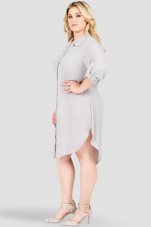 Plus Size Women's Grey Long-Sleeved Shirt Dress