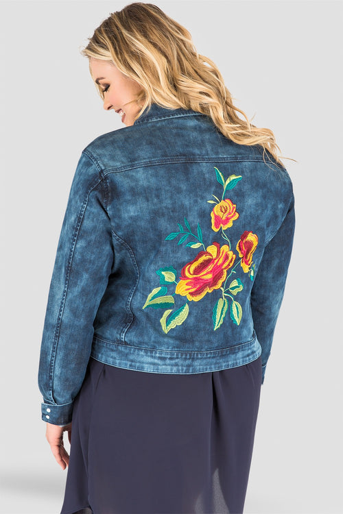 Plus Size Belinda Indigo Acid Wash Denim Jacket - Floral Embroidery Back