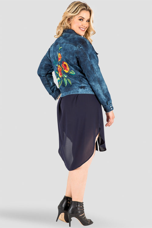 Plus Size Belinda Indigo Acid Wash Denim Jacket - Floral Embroidery Back Side