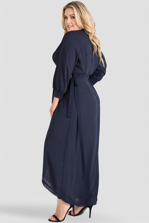 Plus Size Midnight / Navy Blue V-Neck Asymmetrical Tulip Dress