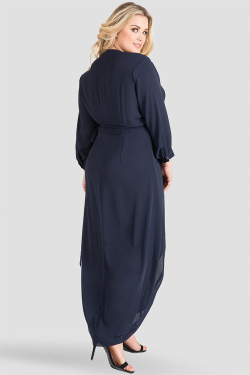 Plus Size Elle Midnight Blue Print Tulip High Low Chiffon Wrap Dress Back
