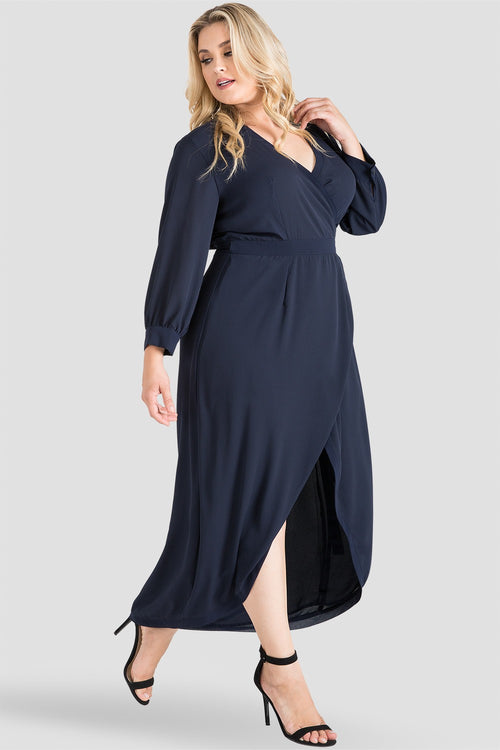 Plus Size Standards & Practices Women's Midnight Blue V-Neck Kimono Wrap High-Low Dress
