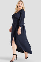 Plus Size Elle Midnight Blue Print Tulip High Low Chiffon Wrap Dress Side