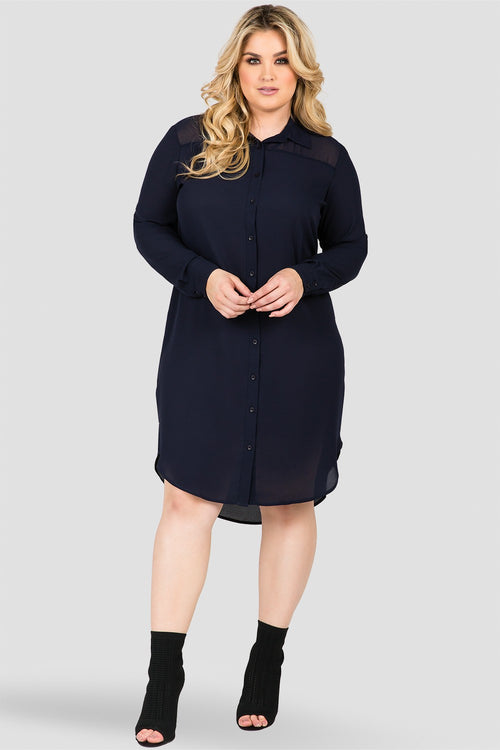 Plus Size Women's Dark Blue Button-Up Chiffon Shirt Dress