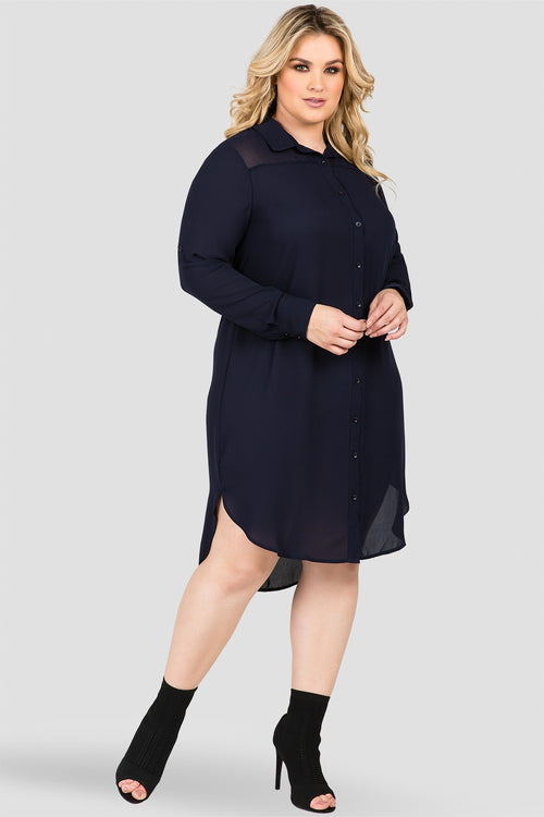 Plus Size Women's Dark Blue Button-Up Chiffon Shirt Dress