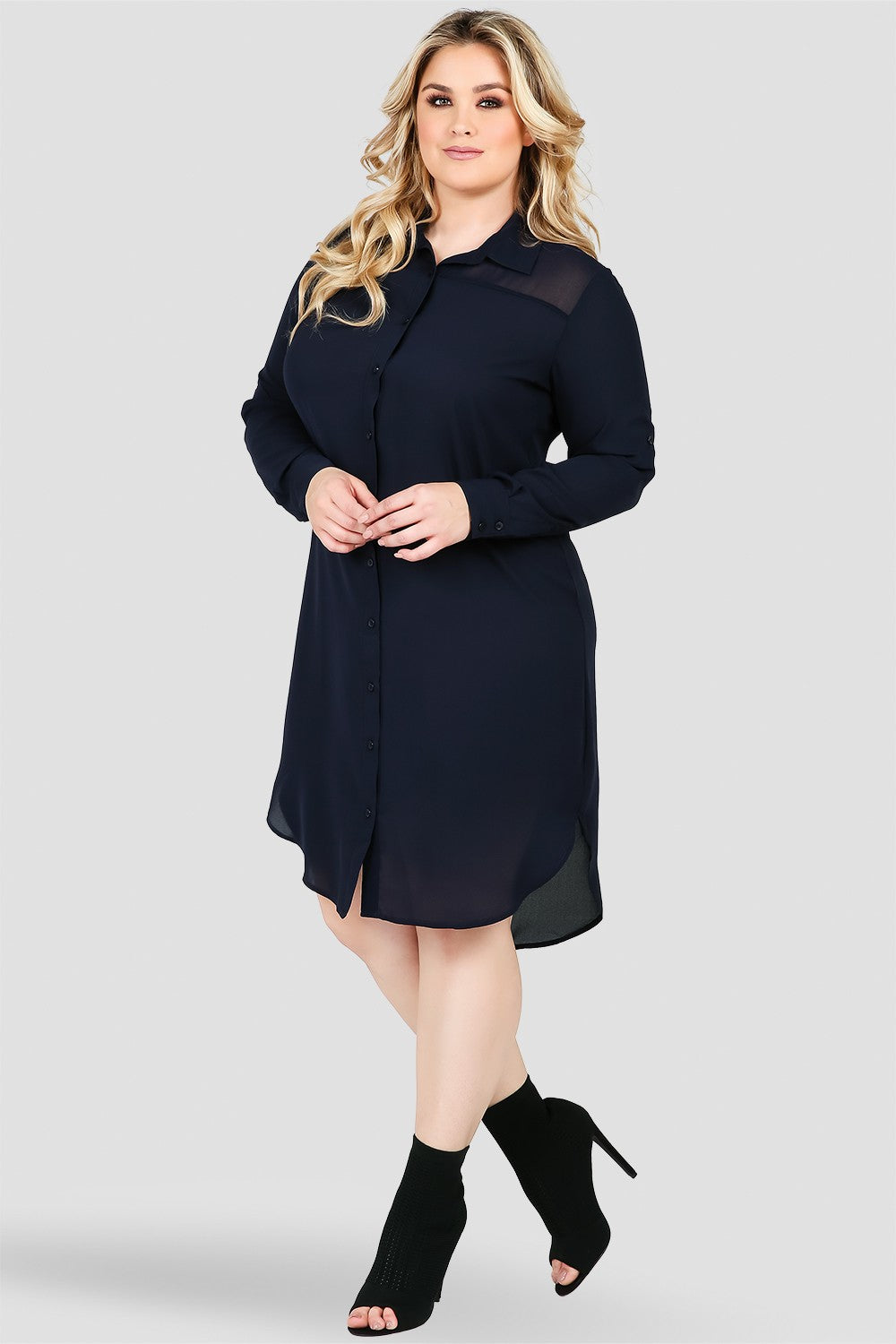 Plus Size Solenn Woven Chiffon Midnight Blue Print Button Up Shirt Dress