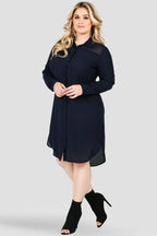 Plus Size Women's Navy Blue Long-Sleeved Shirt Dress